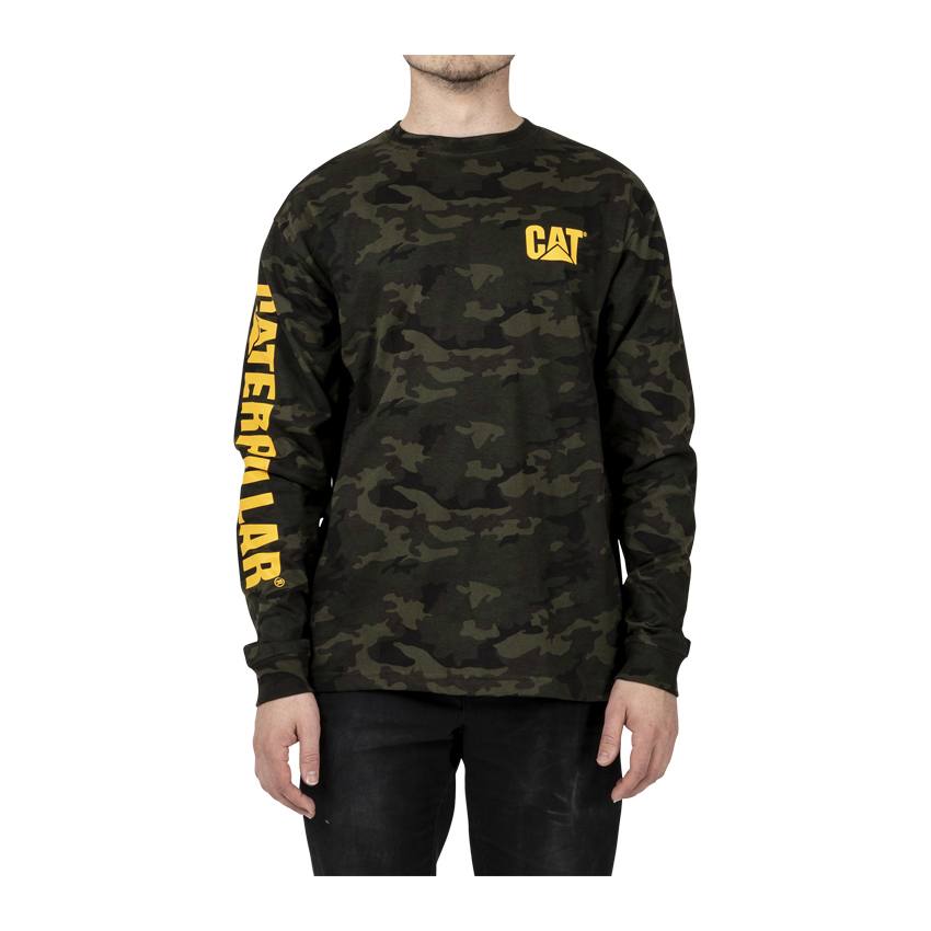 Caterpillar Trademark Banner Long Sleeve Philippines - Mens T-Shirts - Camo 60572LAYO